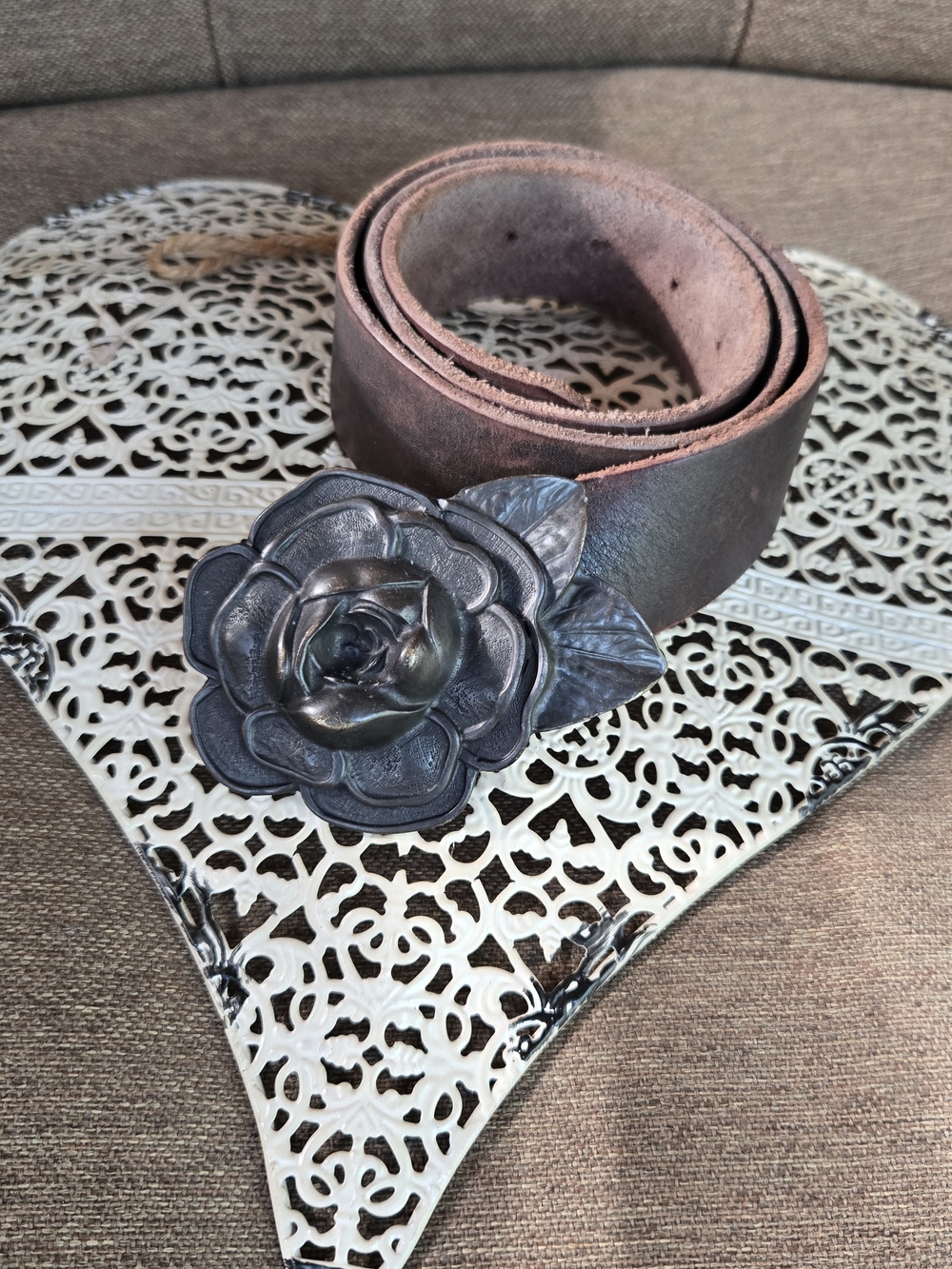 Abercrombie & Fitch Brown Leather Belt with Floral Metal Buckle